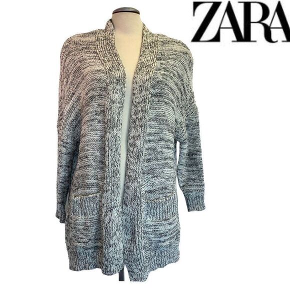 Zara BLACK/ECRU OPEN FRONT CARDIGAN sweater WITH POCKETS & SIDE SLITS SIZE M - Picture 1 of 6